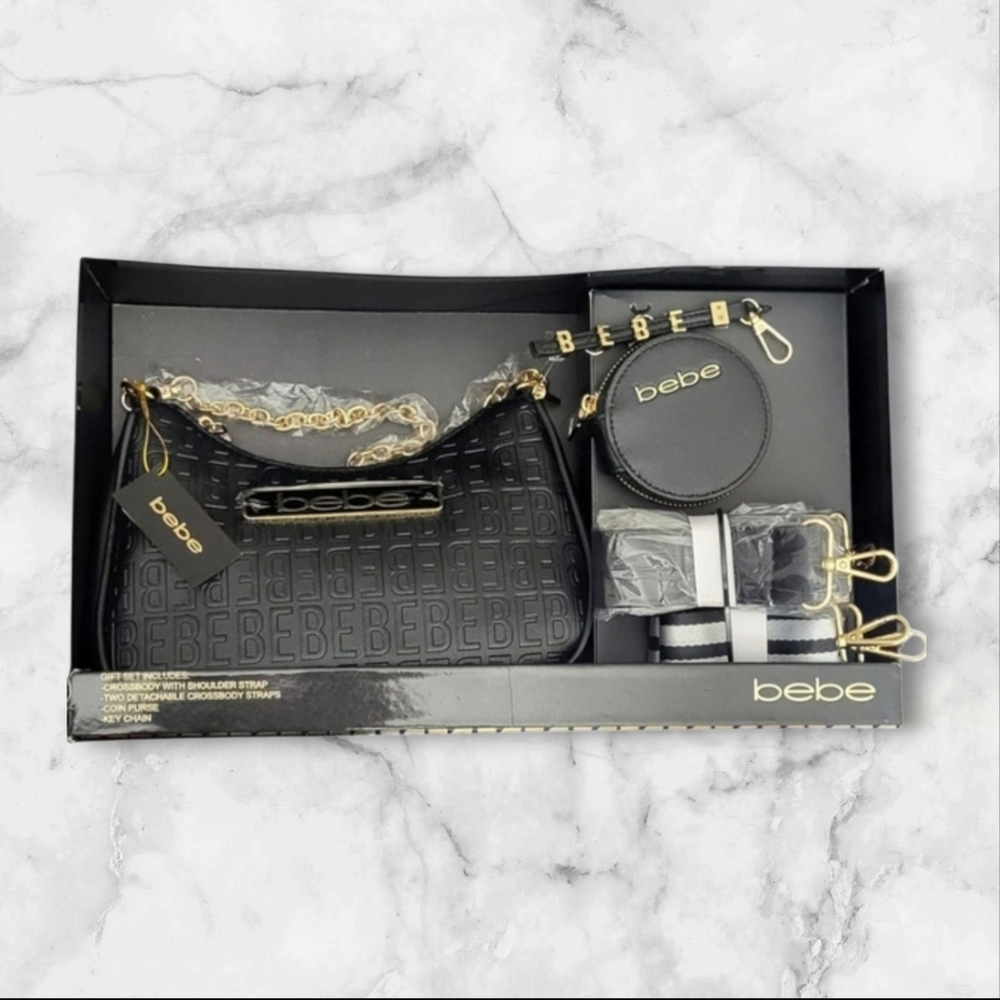 Bebe 5-Piece Black Croc Embossed Handbag Set Gold Chain NWT $139